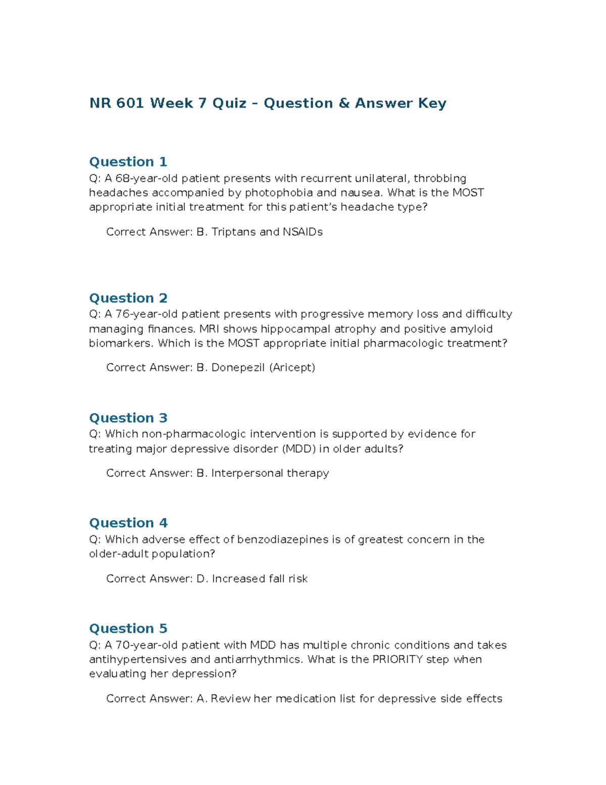 NR 601 Week 7 Quiz Answer Key and Study Guide - Studocu