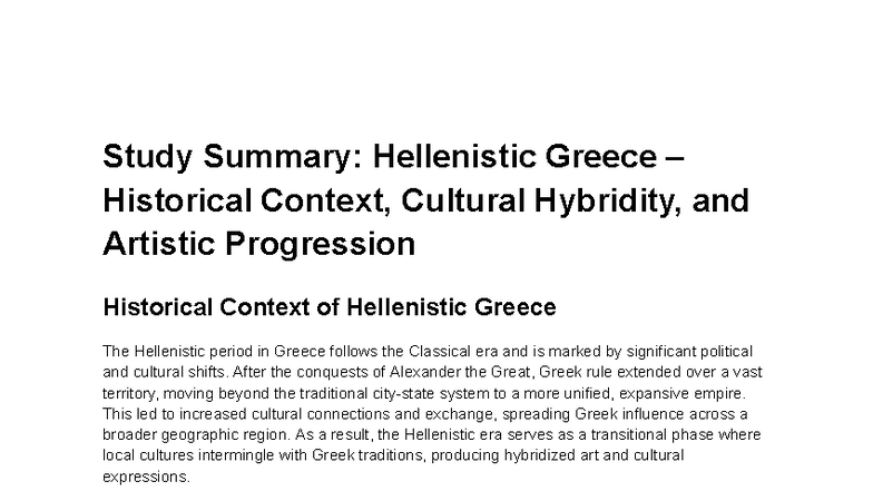 HIST 201: Study Summary on Hellenistic Greece's Cultural Evolution ...