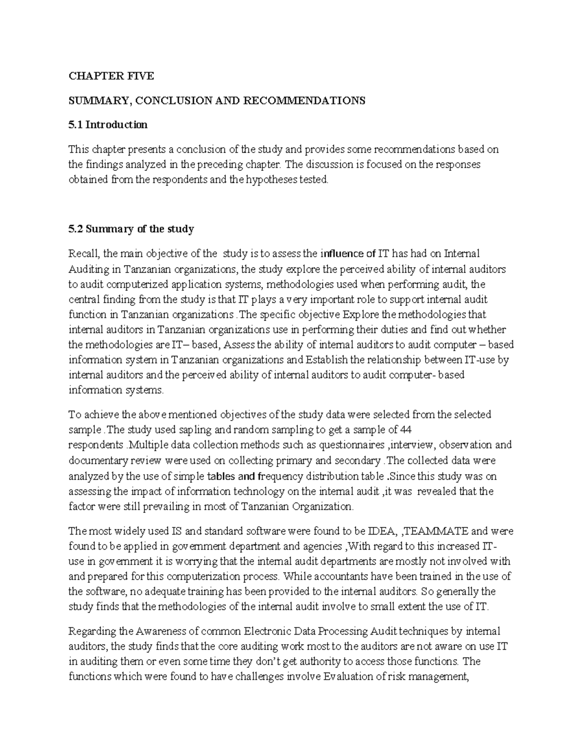 Chapter 5: Summary, Conclusions & Recommendations on IT in Internal ...
