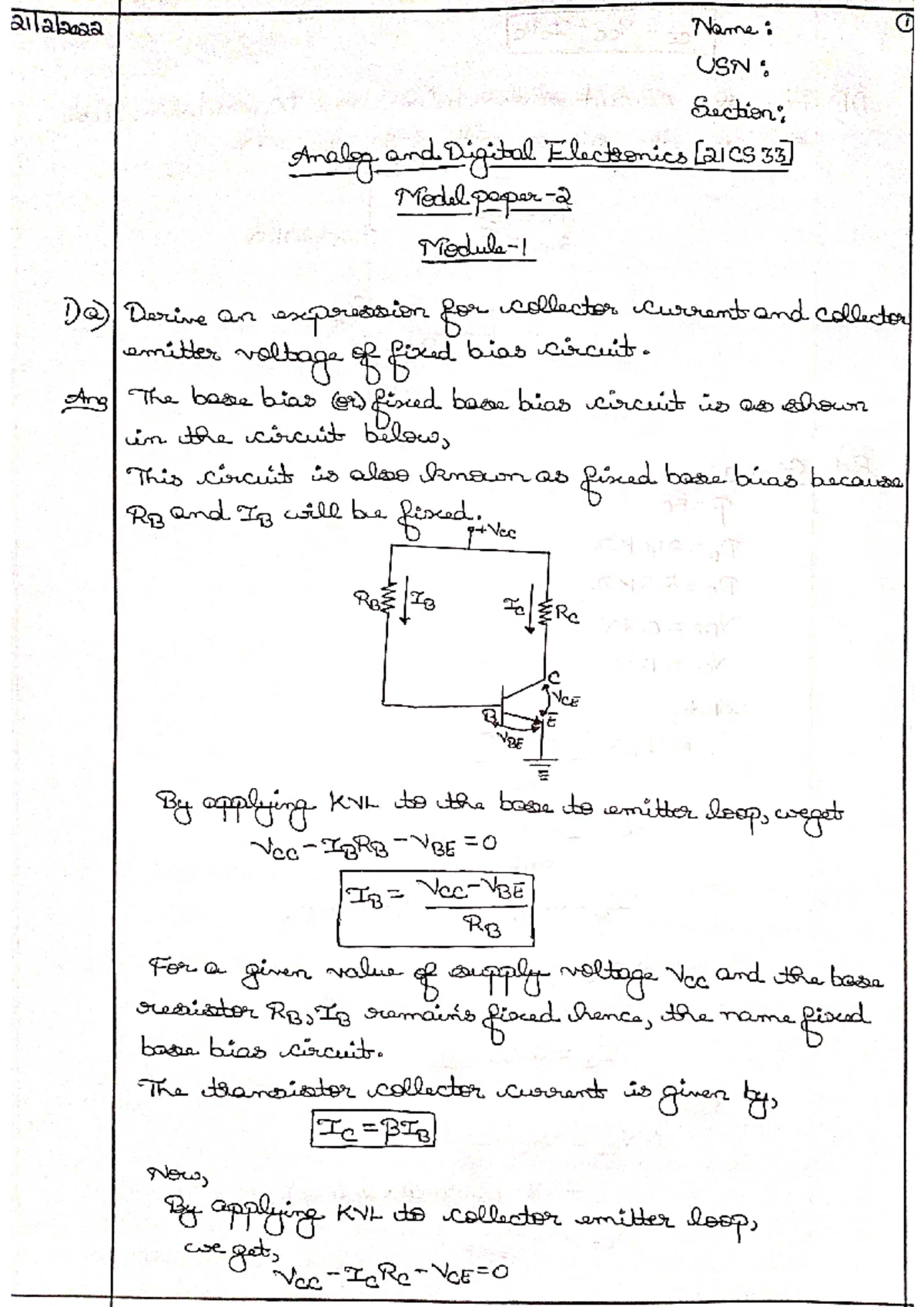 ADE Model paper 1 - NOTES - Name: 1 USN Section: Analog and Digital ...