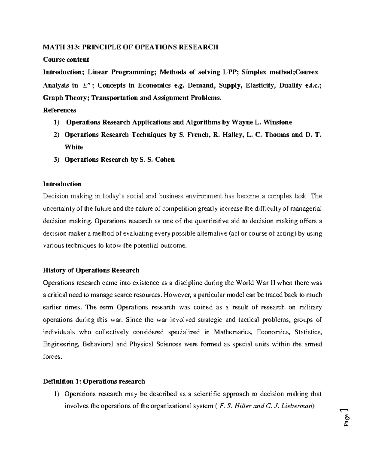 Math 313 Introduction to Operations Research notes - MATH 313 ...