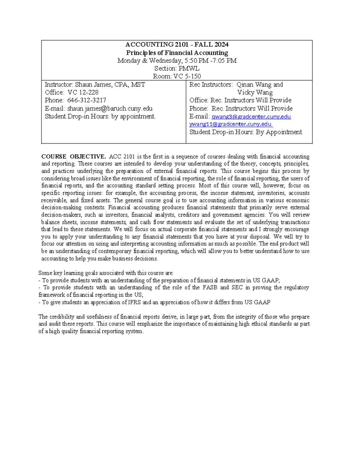 ACC 2101 Syllabus: Principles of Financial Accounting Fall 2024 - Studocu