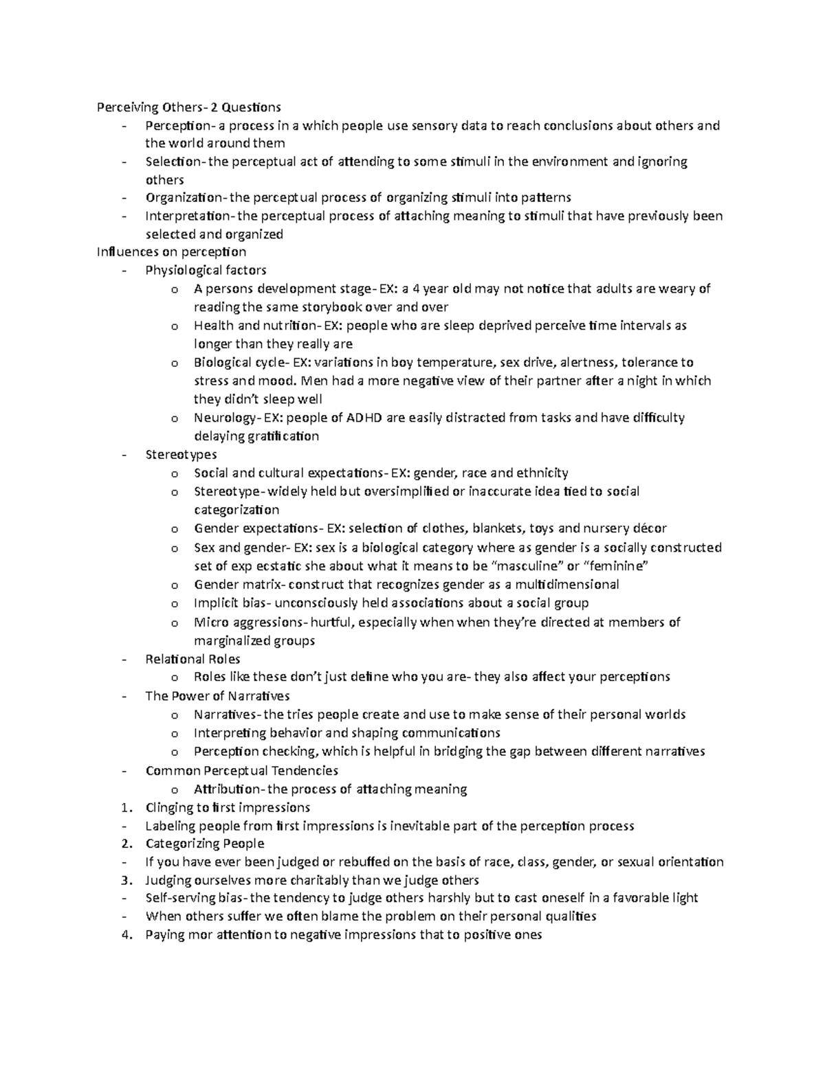COMM 101 Final Exam Study Guide: Perception and Communication Concepts ...