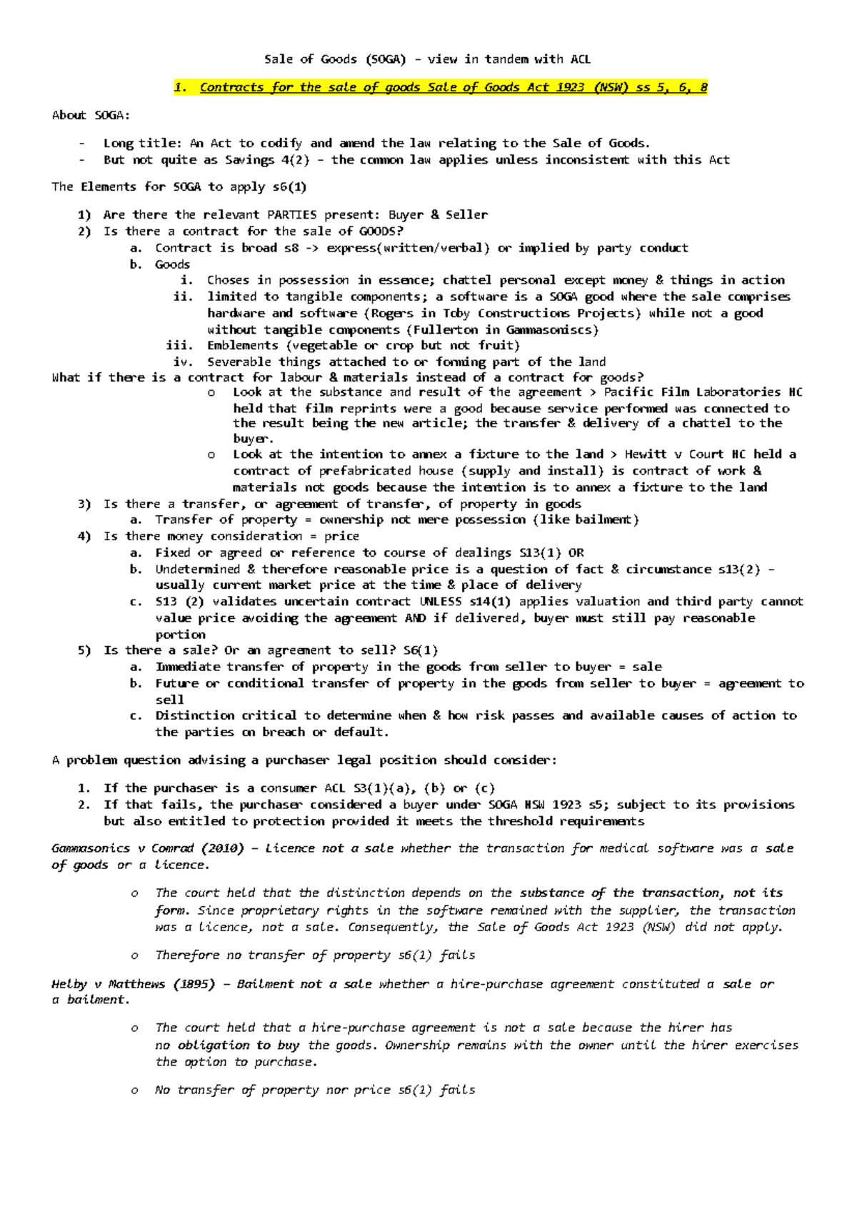 SOGA Lecture I Overview: Sale of Goods Act 1923 (NSW) - Studocu