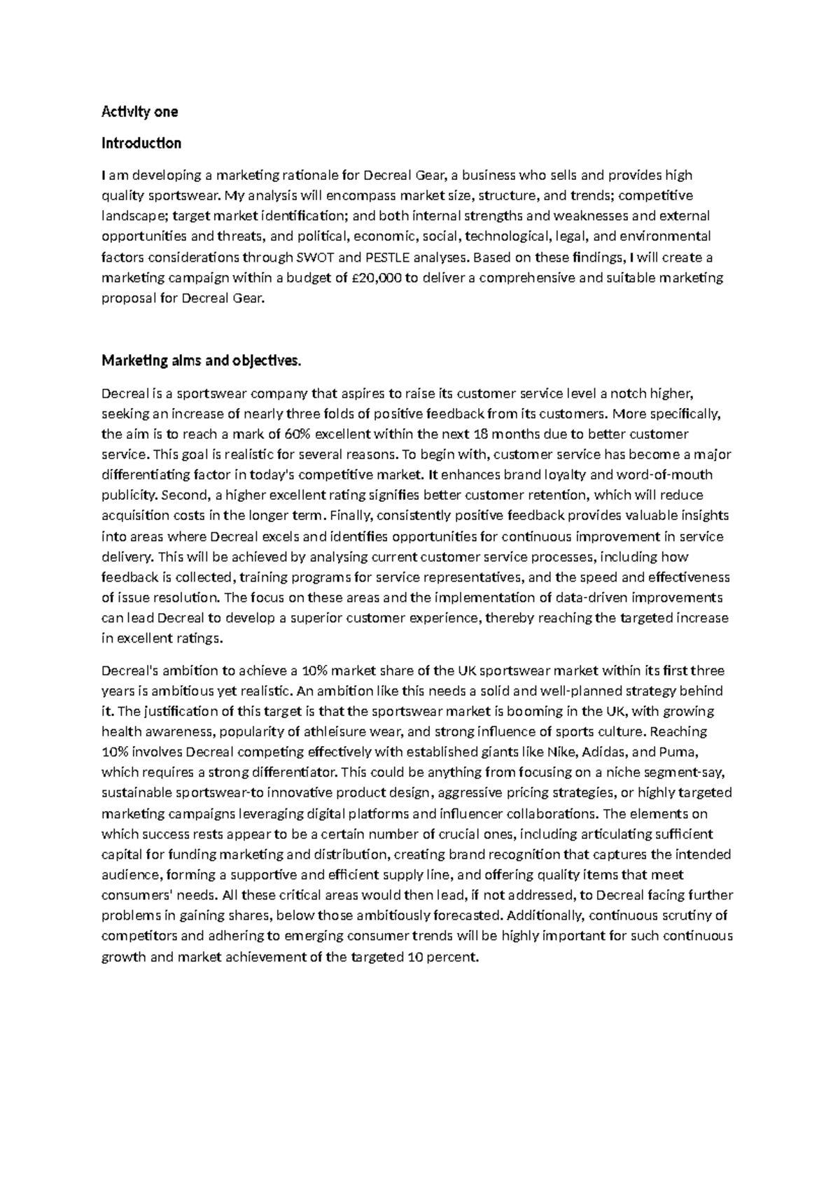 Activity One: Marketing Rationale for Decreal Gear Sportswear - Studocu