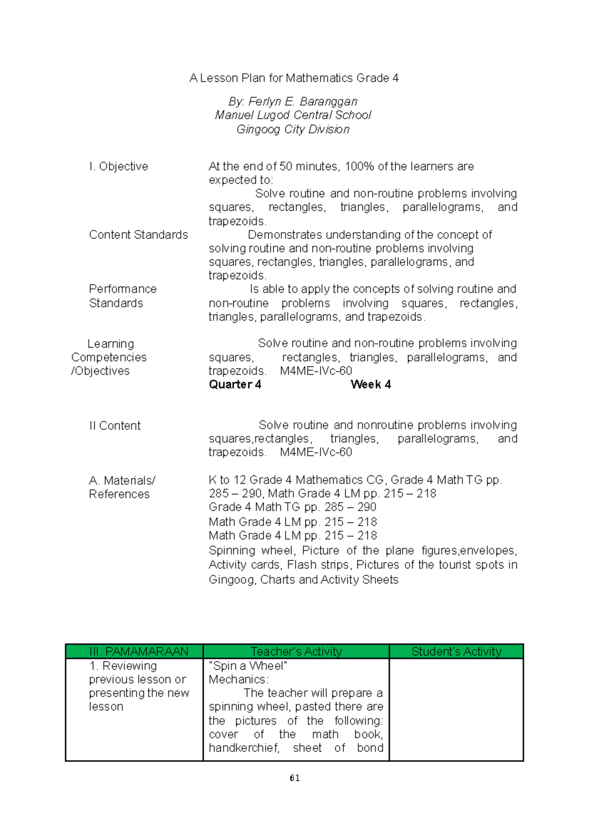 DLP MATH4 Q4 WEEK 4 - Math Lesson Plan on Geometric Shapes - Studocu