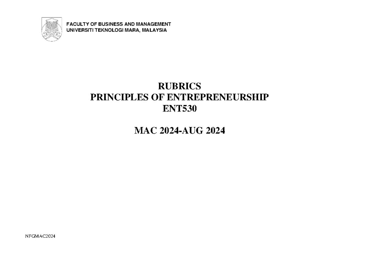 Mac 2024 Rubrics Ent530 - Faculty Of Business And Management Universiti 