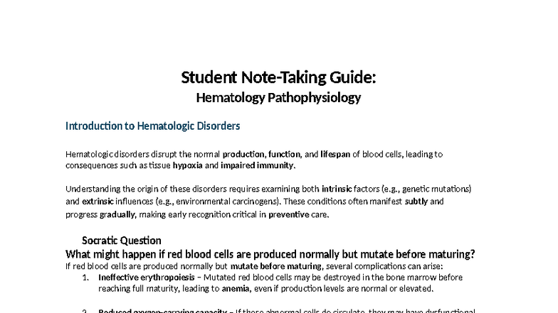 NUR2063 Module 7: Hematology Pathophysiology & Disorders Overview - Studocu