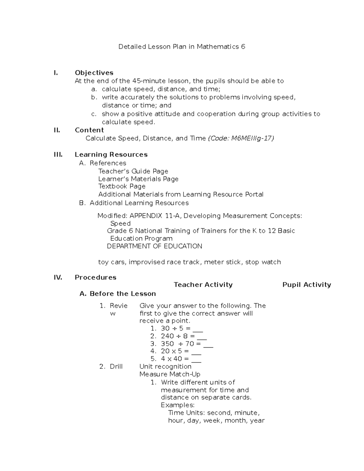 4As Lesson plan in Mathematics 6 Speed - Detailed Lesson Plan in ...