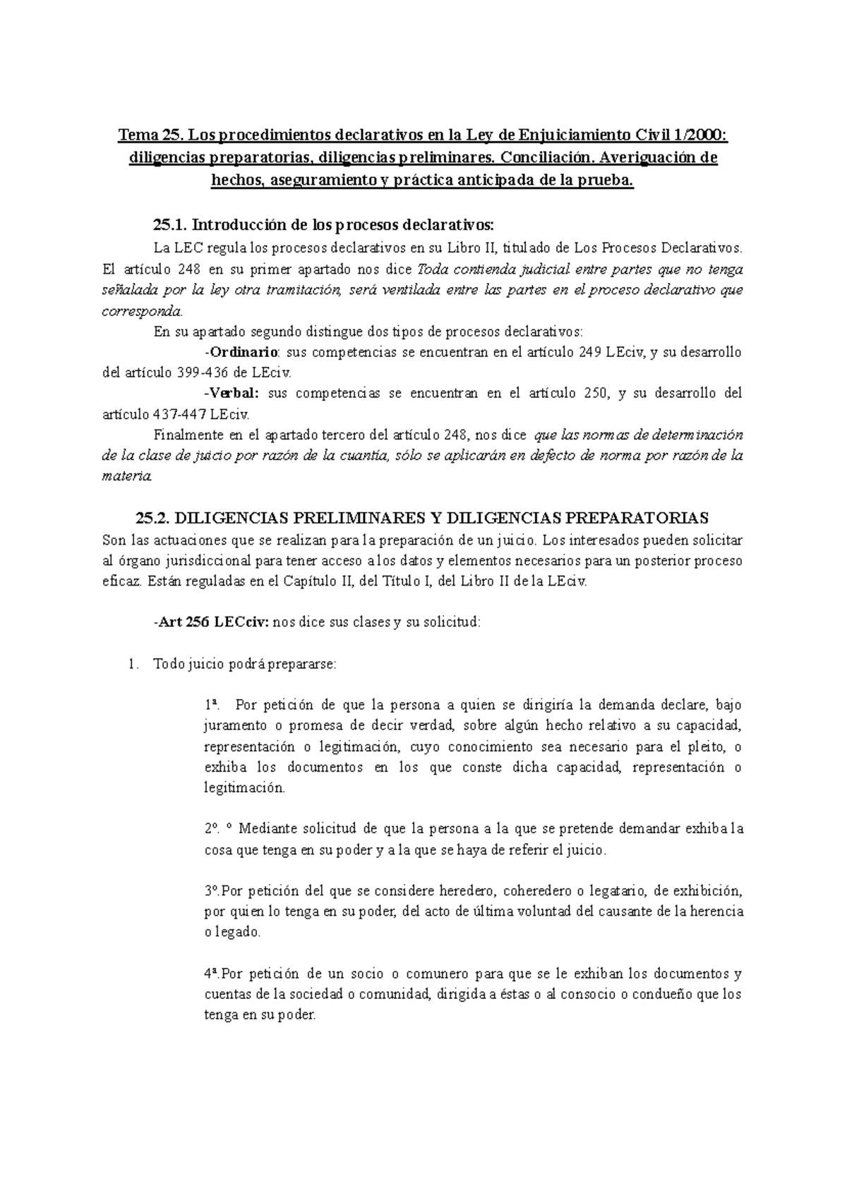 Tema 25: Procedimientos Declarativos en la Ley de Enjuiciamiento Civil 1/2000 - Document Preview