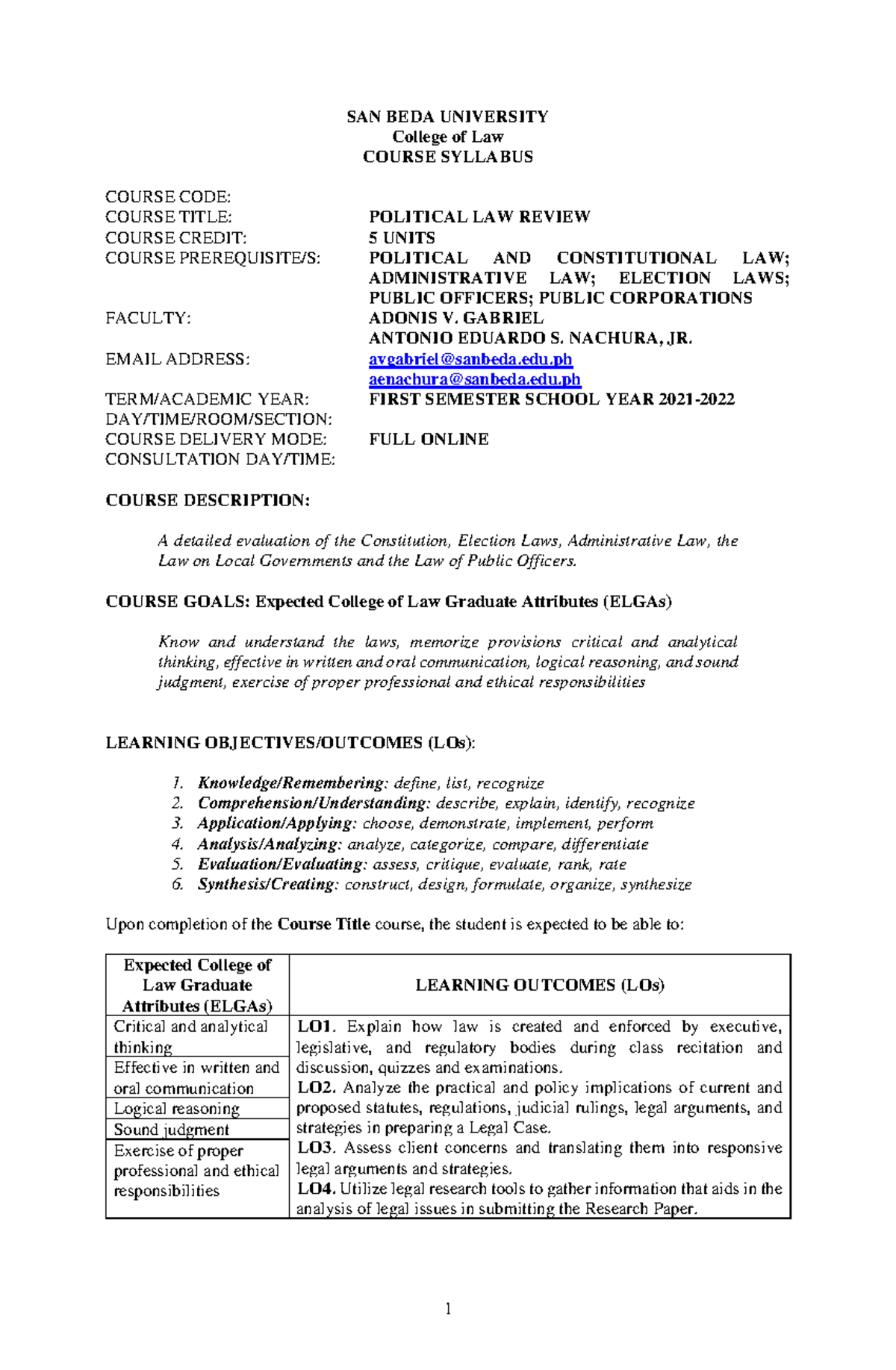 Political Law Review SY21-22 Syllabus and Course Overview - Studocu