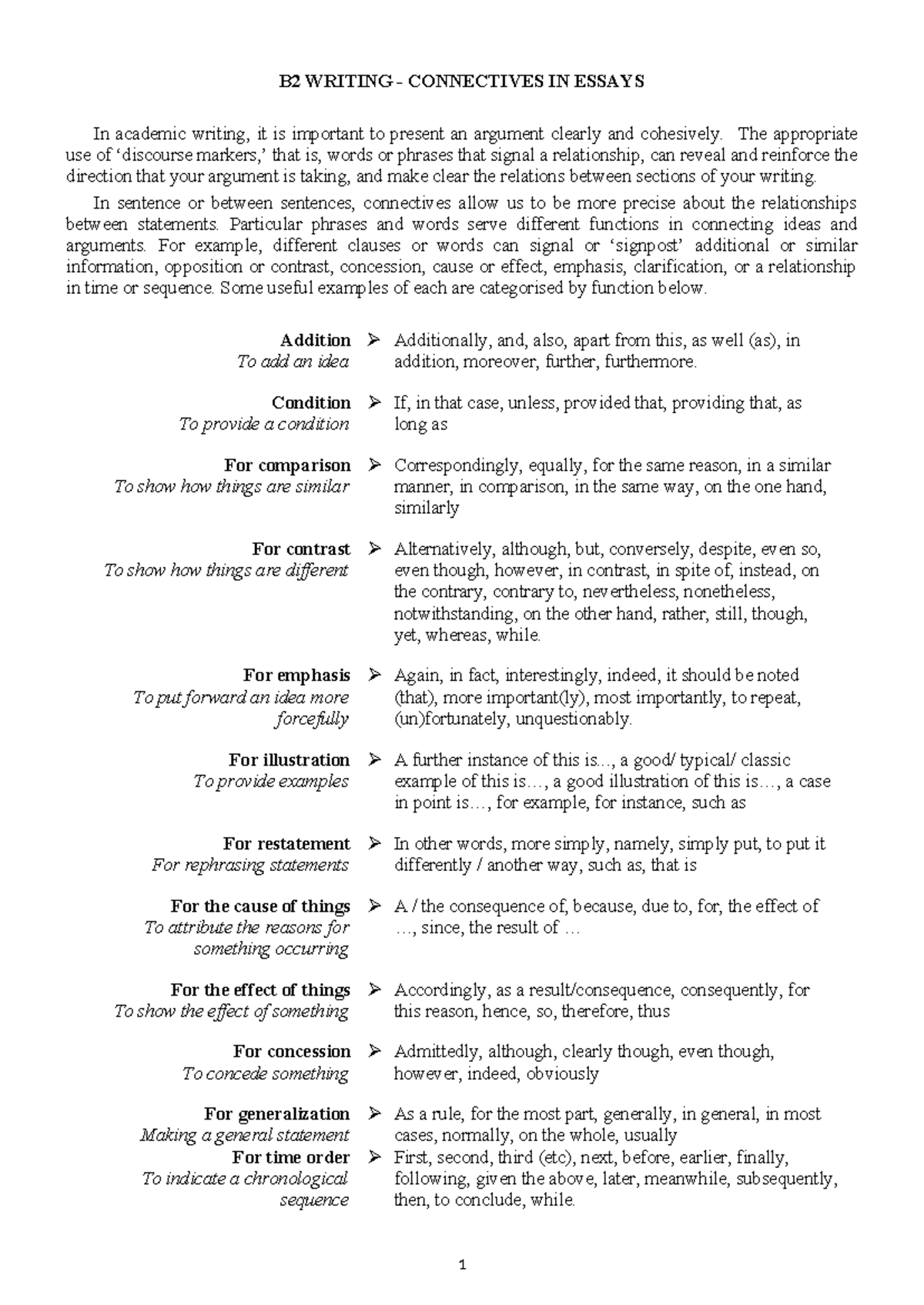 B2 Writing Handout: Connectives in Essays - Studocu