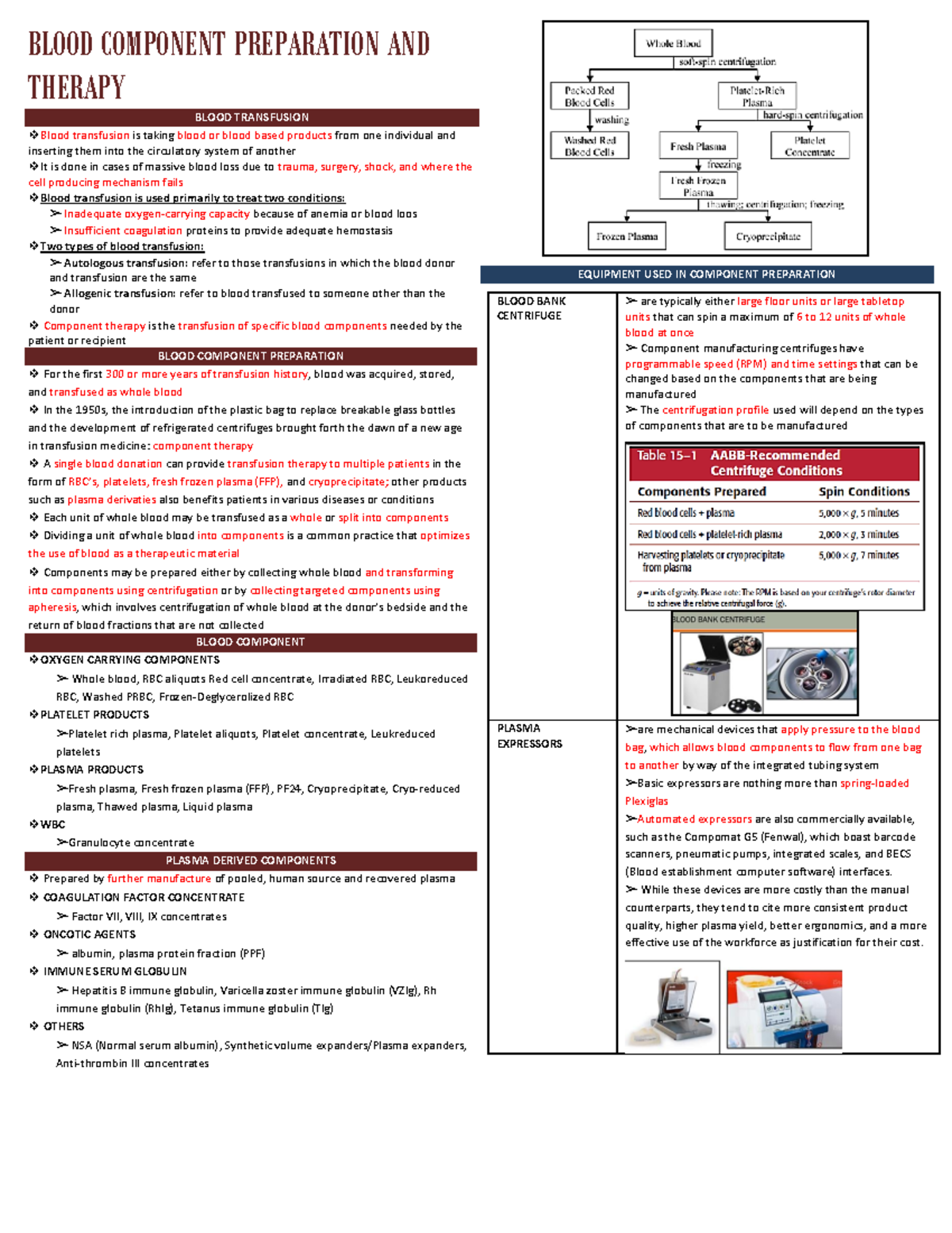 Blood Component Preparation and Therapy: Comprehensive Overview - Studocu