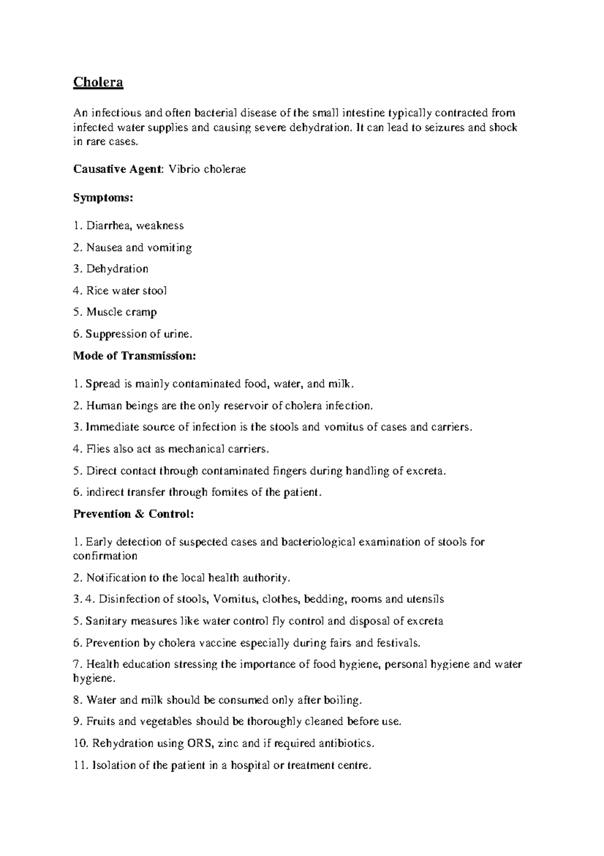 Cholera - Detailed Study Notes on Prevention, Symptoms & Control - Studocu
