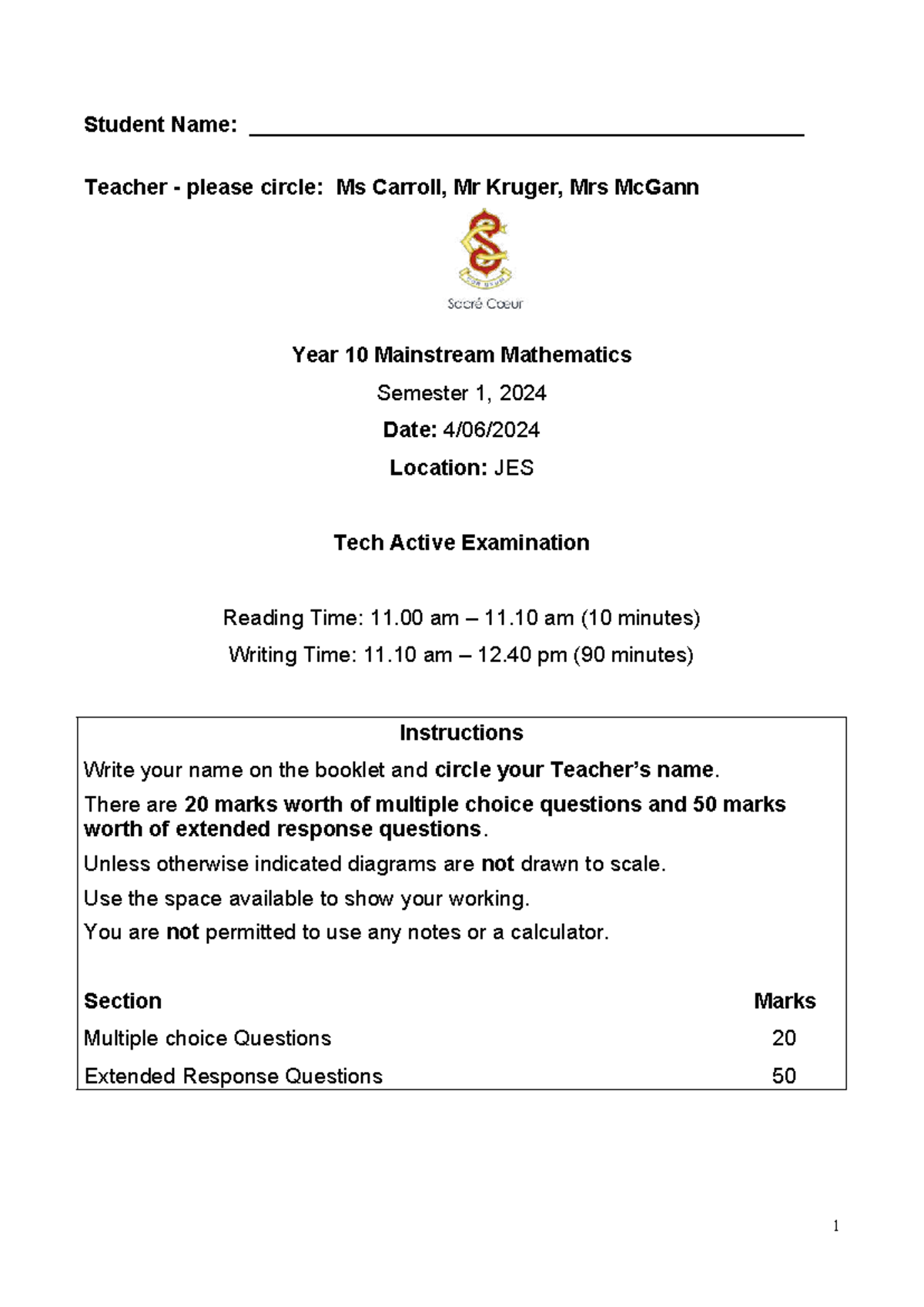 2024 Year 10 Tech Active Maths Exam - Mainstream Semester 1 - Studocu