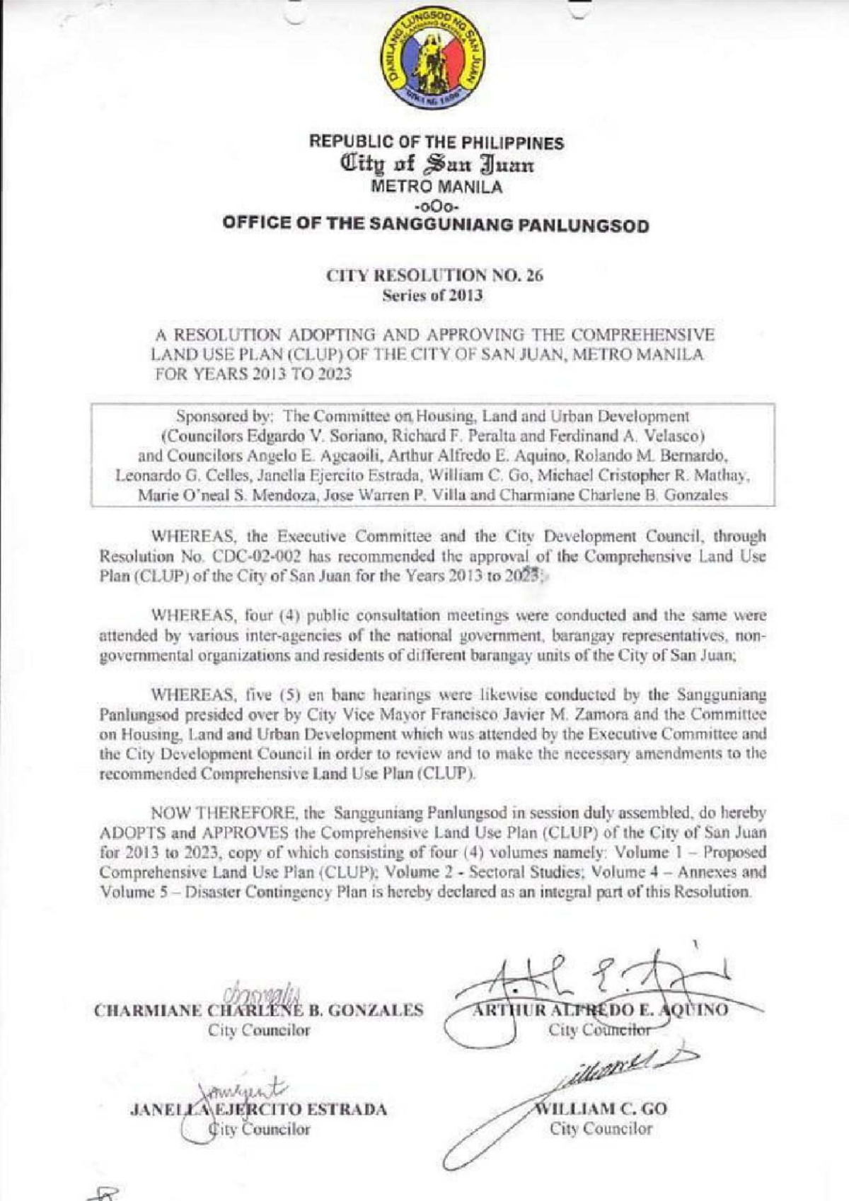 City Resolution No. 26: Comprehensive Land Use Plan (CLUP) 2013-2023 ...