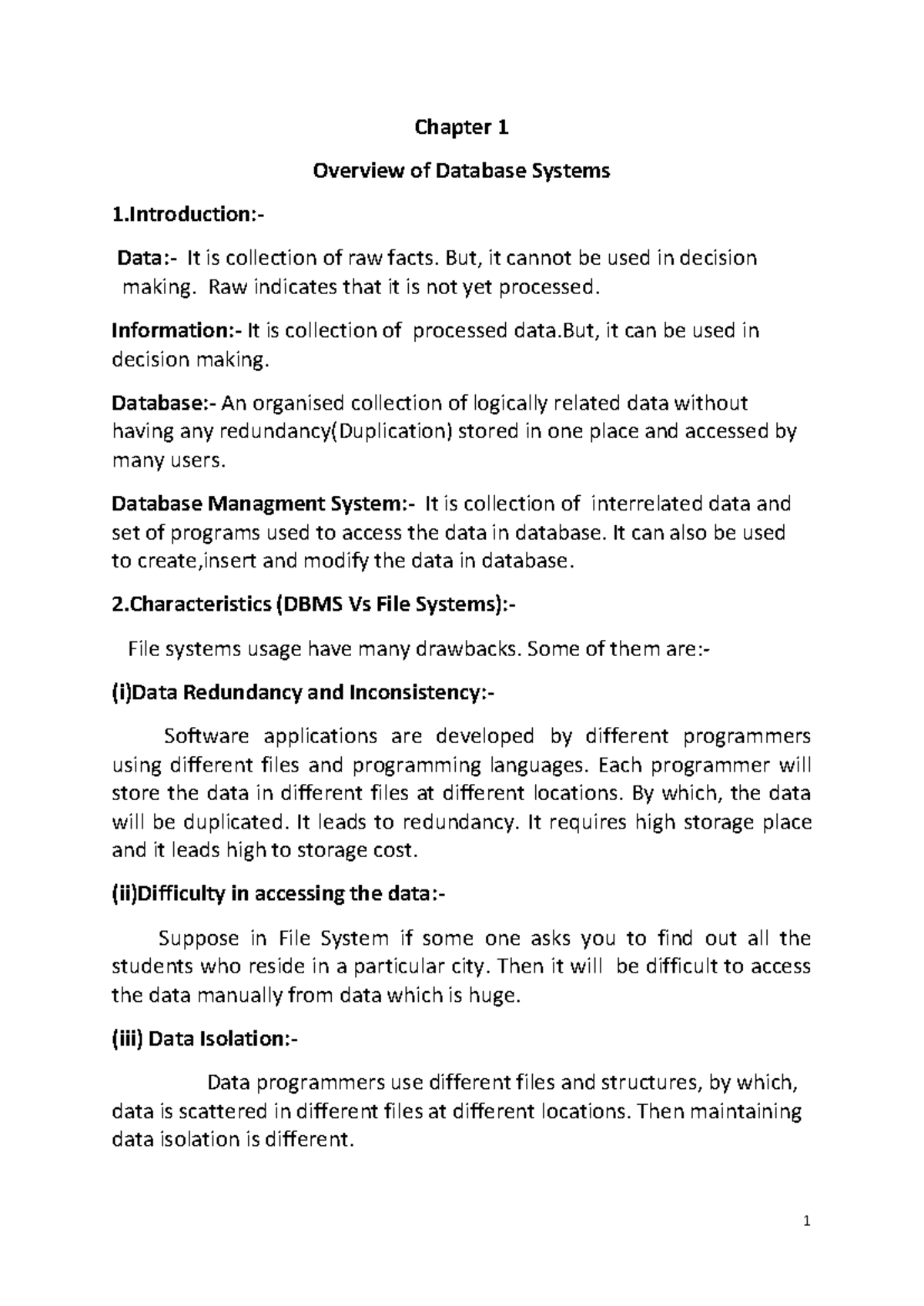 Chapter 1 - Overview of Database Management Systems (DBMS) - Studocu