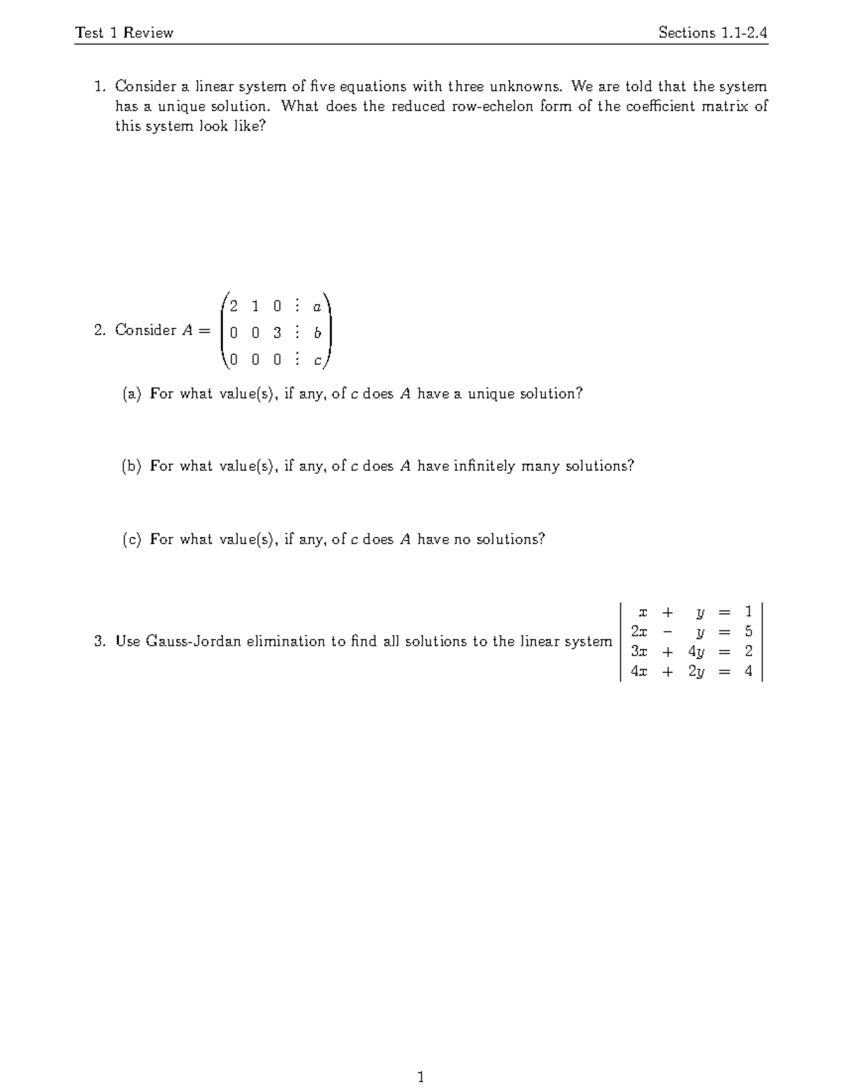 T1 Review: Linear Systems & Solutions for Test 1 - Studocu