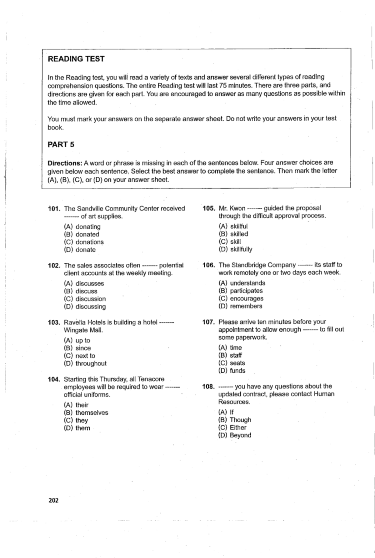 TOEIC READING TEST: Comprehension Questions and Directions - Studocu