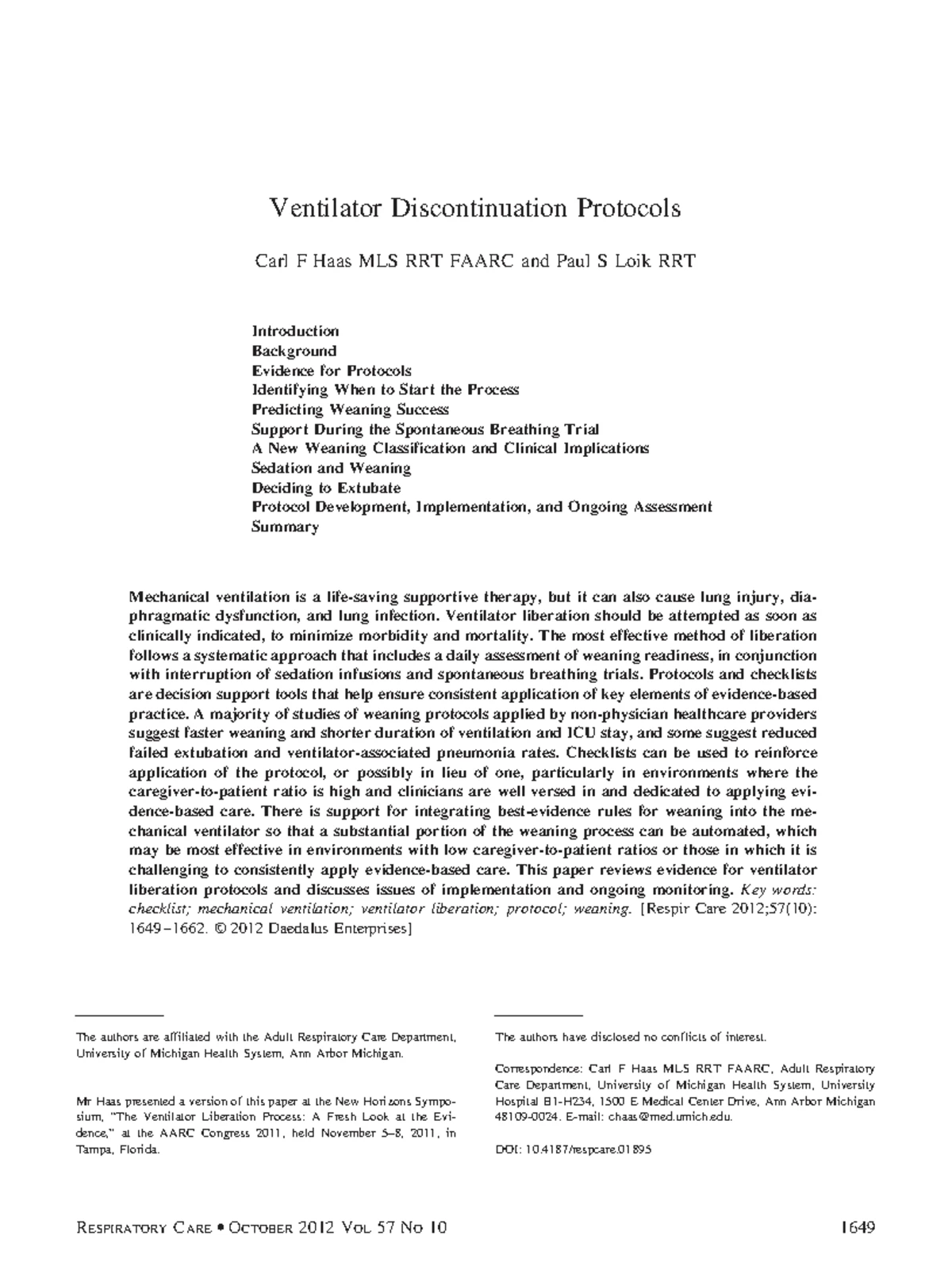 Weaning Parameters: Ventilator Discontinuation Strategies (RESP 101 ...