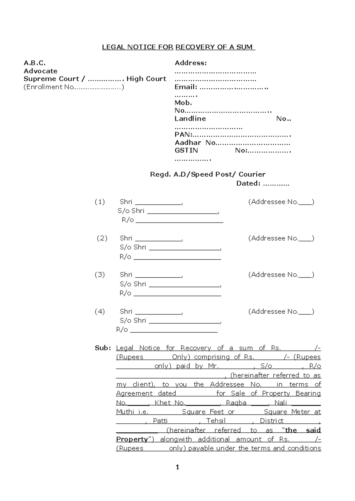 LEGAL NOTICE FOR RECOVERY OF AMOUNT - A.B.C. Advocate - Studocu
