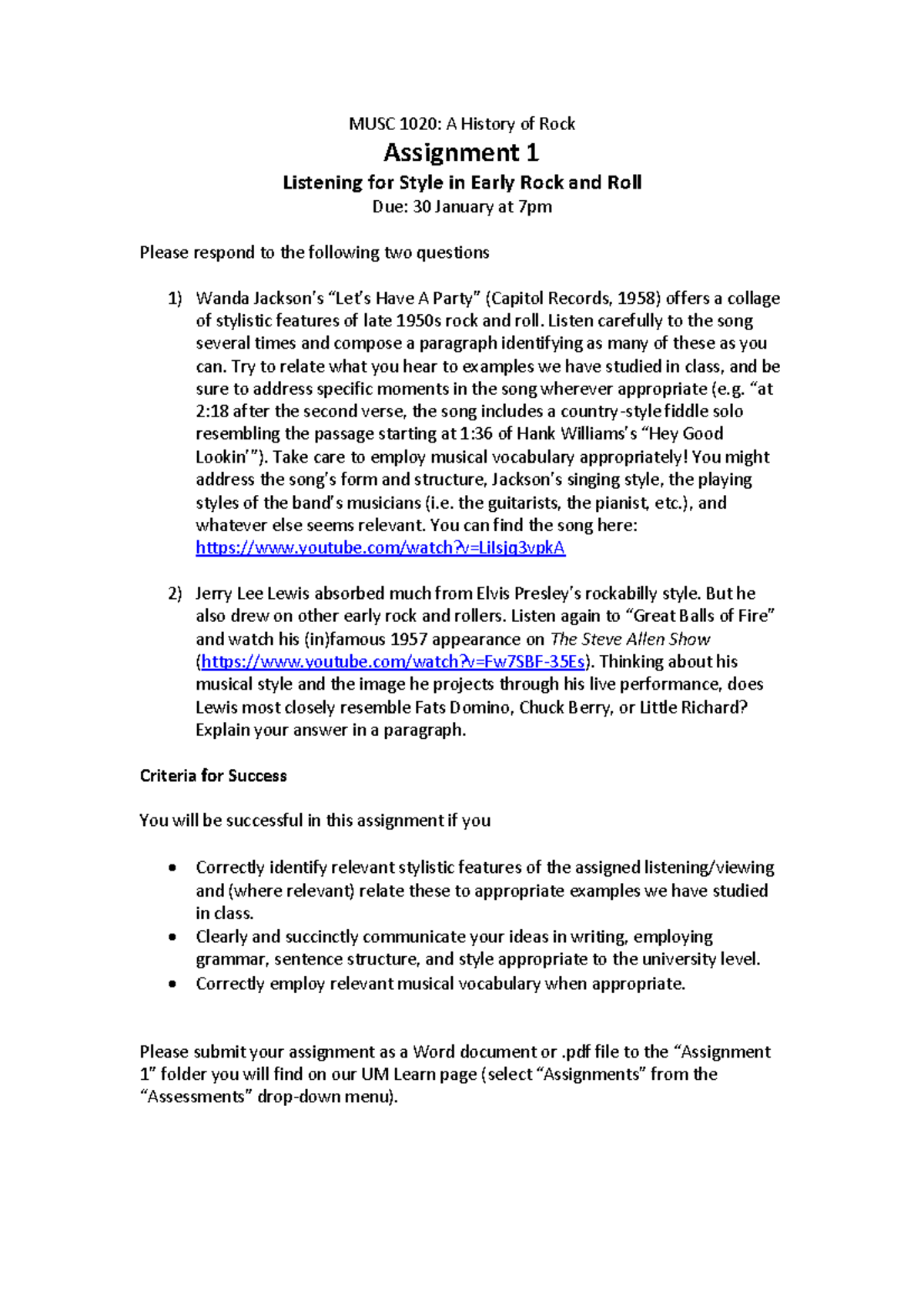MUSC 1020: Assignment 1 - Analyzing Early Rock and Roll Styles - Studocu