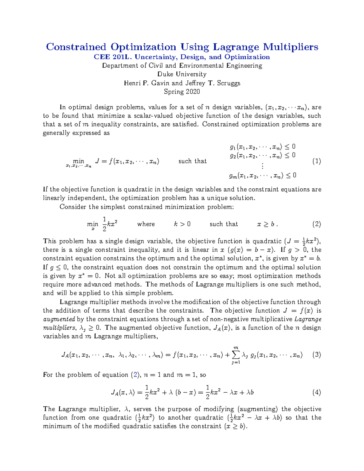 CEE 201L - Optimization Using Lagrange Multipliers - Summary Notes ...