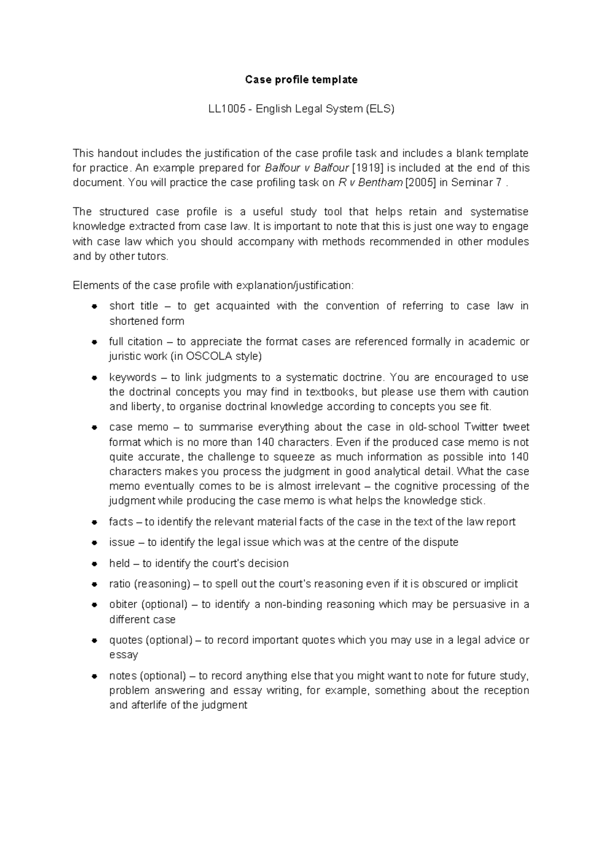 Guide to Case Profiling for LL1005: Balfour v Balfour & R v Bentham ...