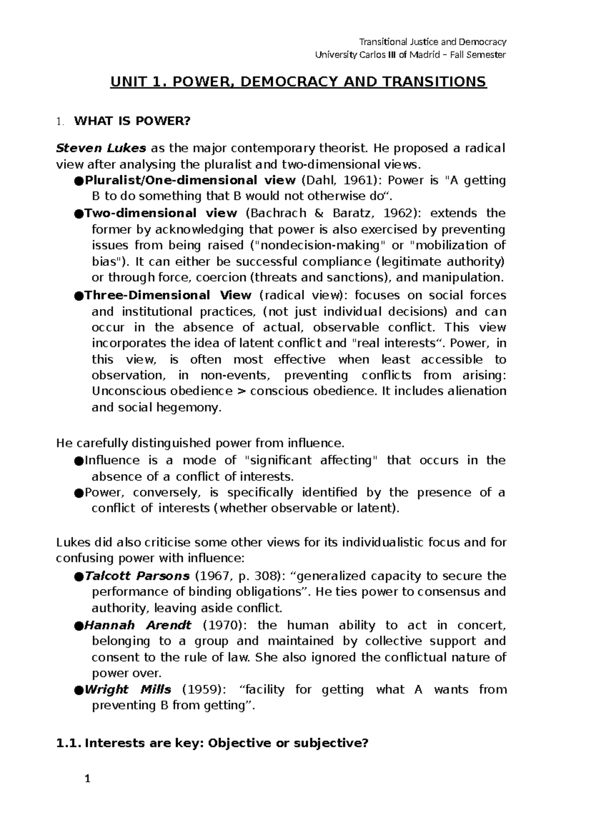 Transitional Justice and Democracy: Power and Democracy Analysis (UNIT ...