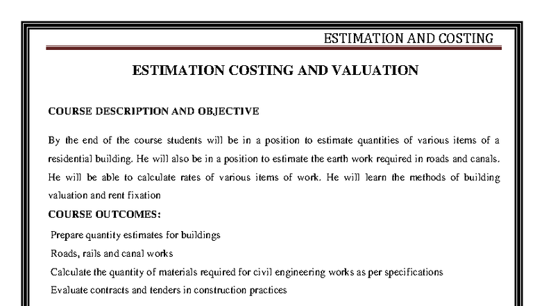 ESTIMATION AND COSTING COURSE NOTES (ESC-101) - Studocu