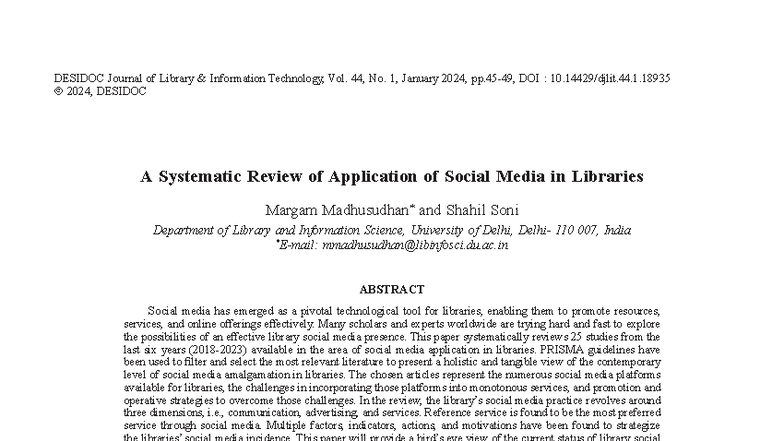 A Systematic Review of Social Media Applications in Libraries (DJLIT 44 ...