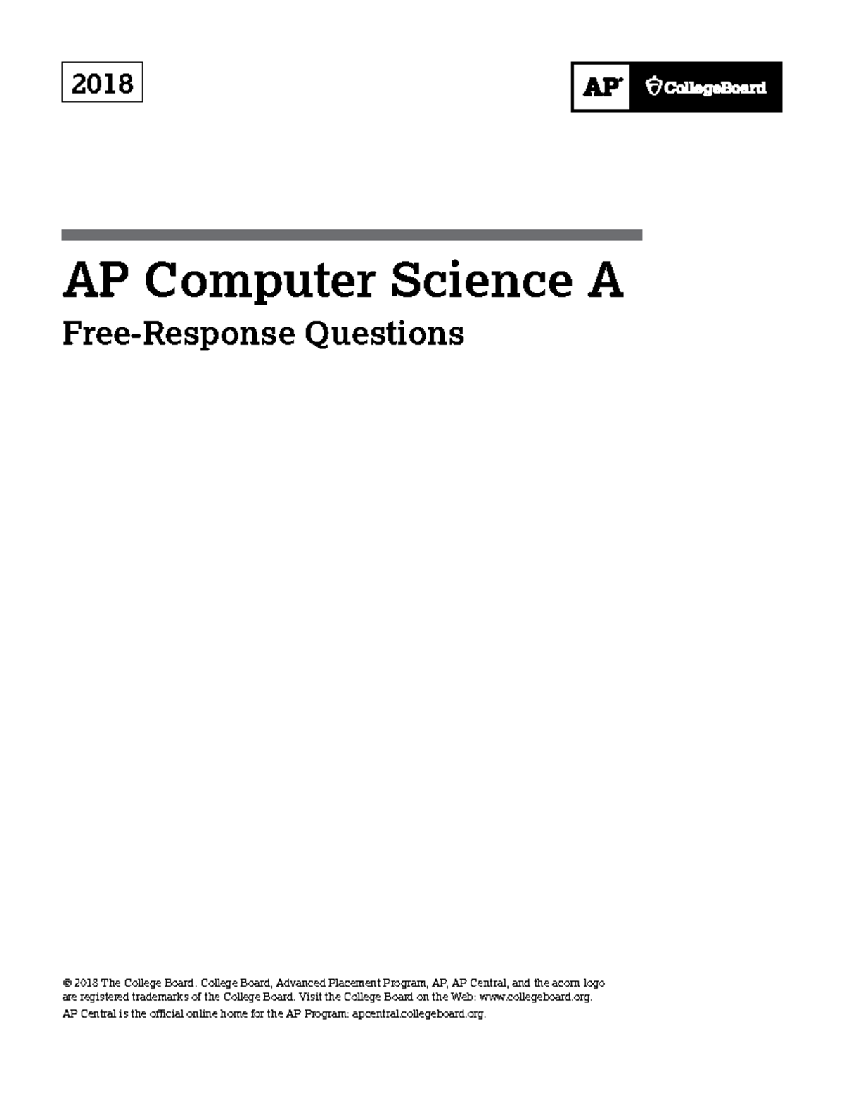 FRQ for AP test - 2018 AP Computer Science A Free-Response Questions ...