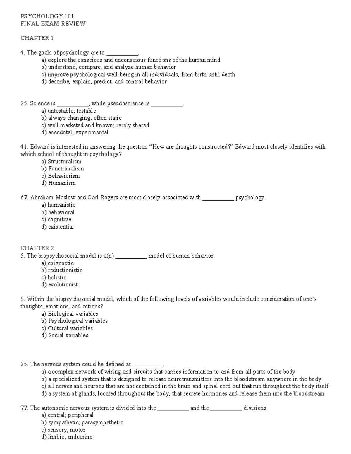 PSYCHOLOGY 101 FINAL EXAM REVIEW – SPRING 2025 STUDY GUIDE - Studocu