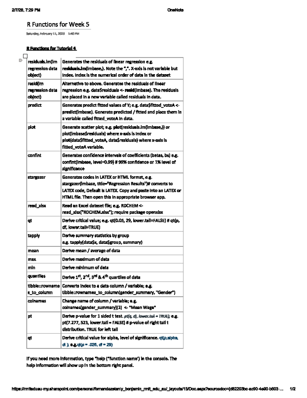 R Functions for Tutorial 4 - Week 5 Overview and Applications - Studocu