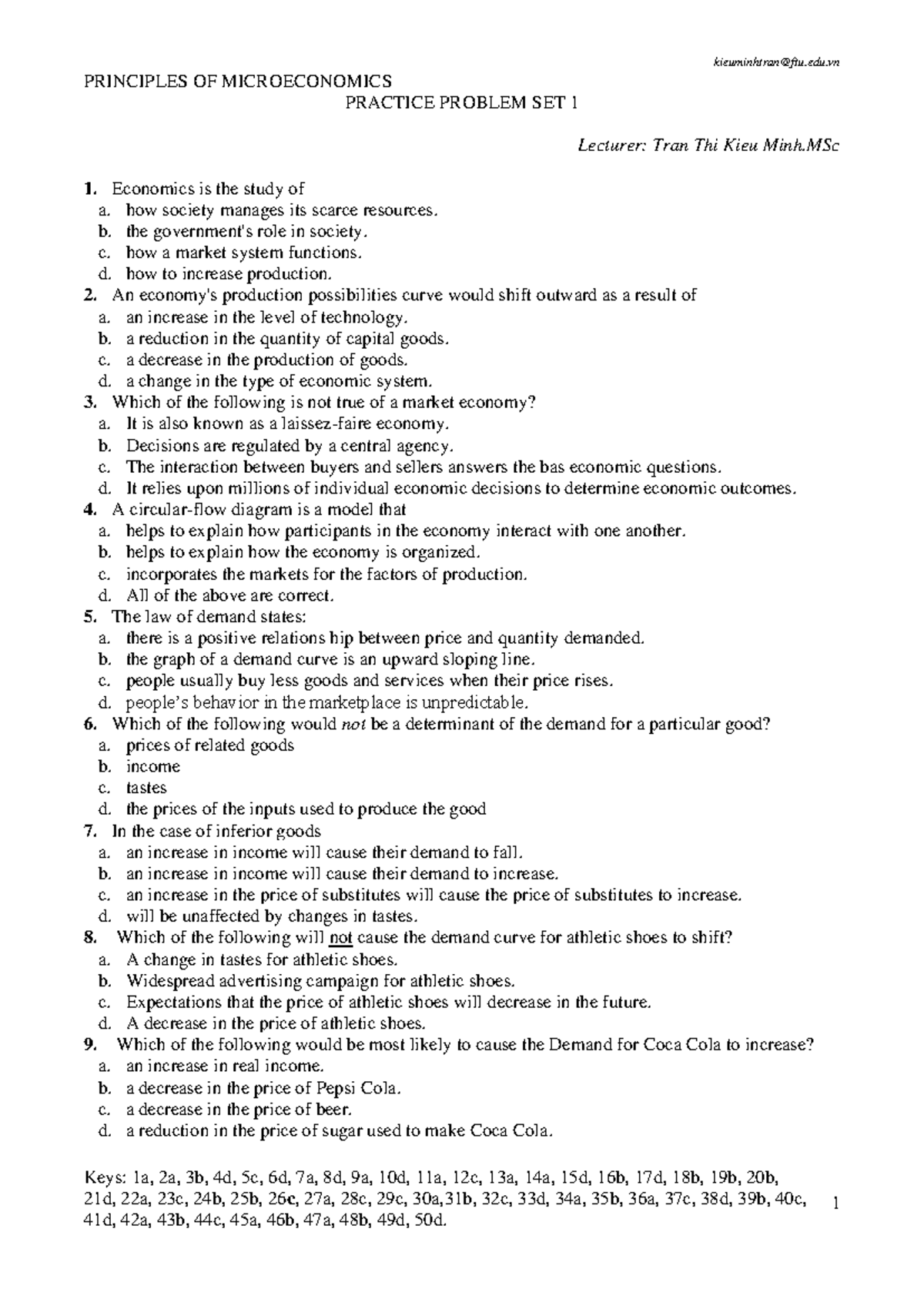 MICROECONOMICS PRACTICE PROBLEM SET 1 - LECTURER: TRAN THI KIEU MINH ...