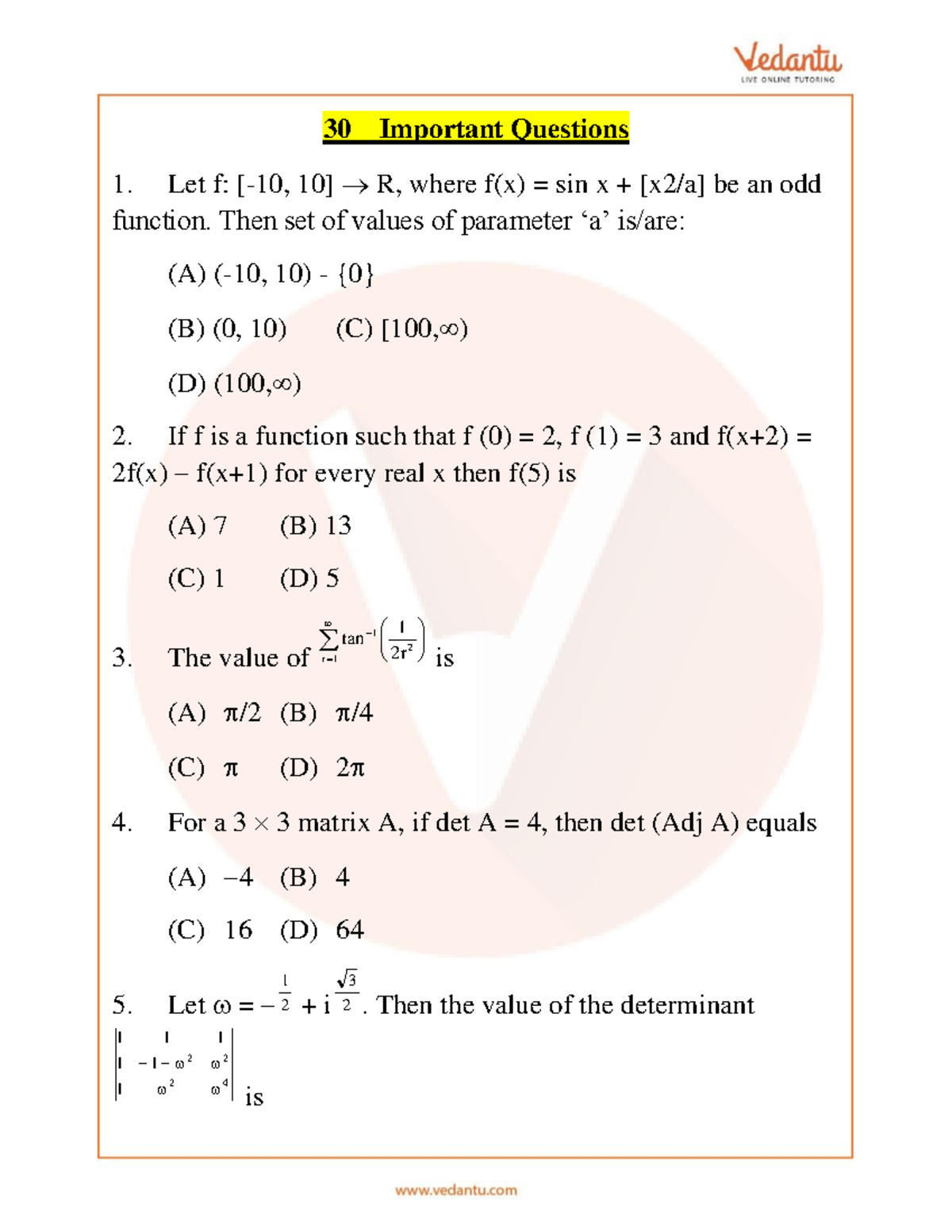 IMO Maths Important Questions for Class 12 - Studocu