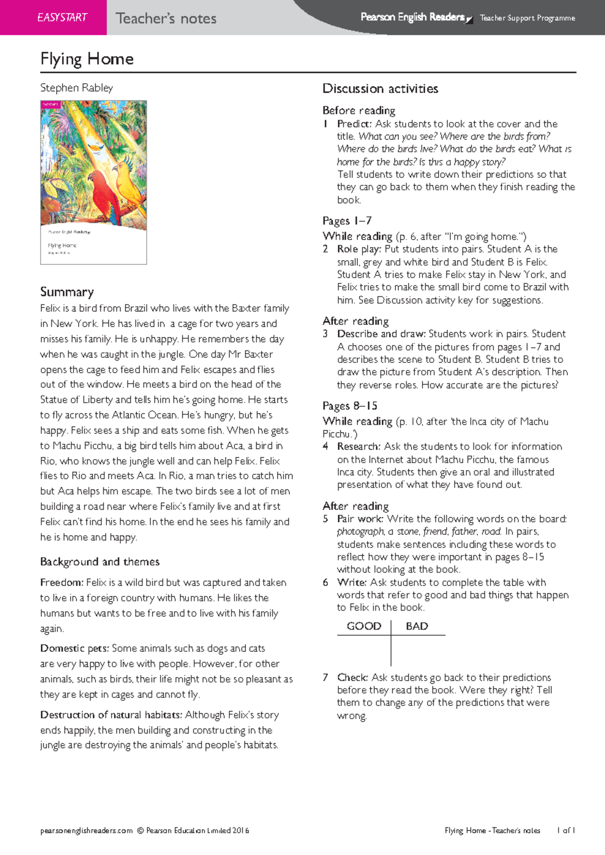 Teacher's Notes: Flying Home (EasyStart Level) - TN Code - Studocu