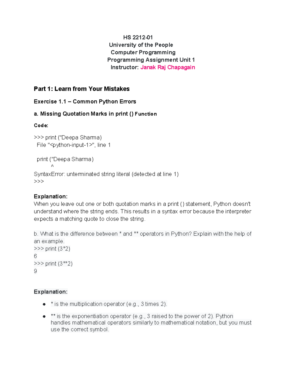 HS University of the People: CP Programming Assignment Unit 1 - Common ...