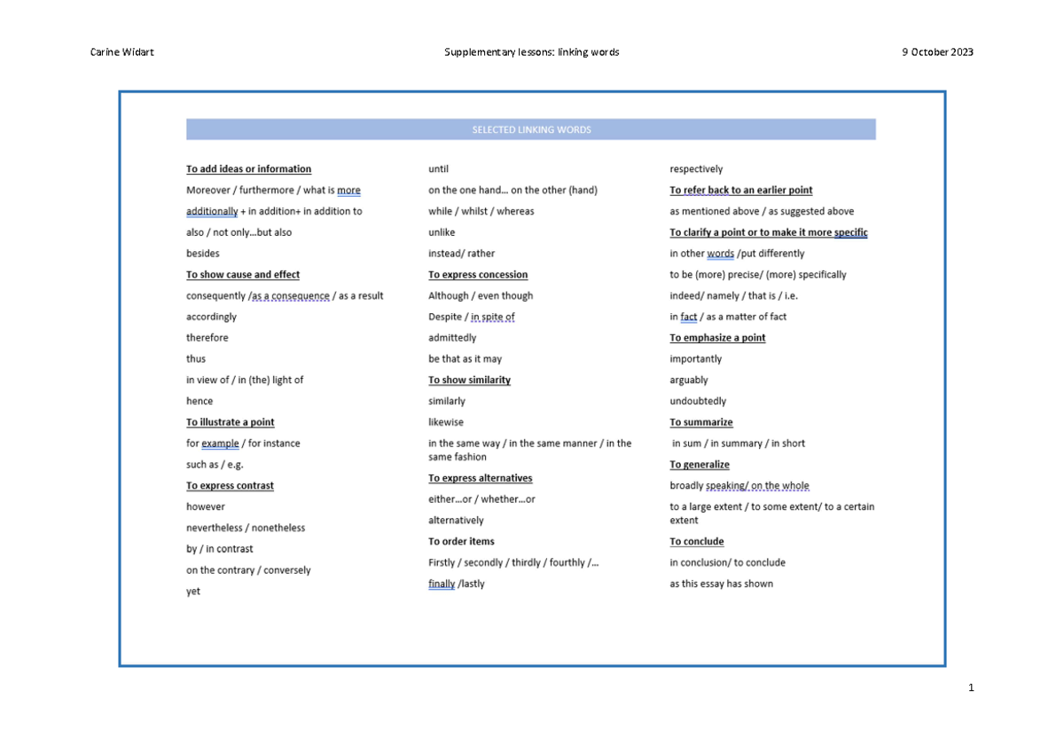 Linking Words Guide for Essay Writing Exercises - Studocu