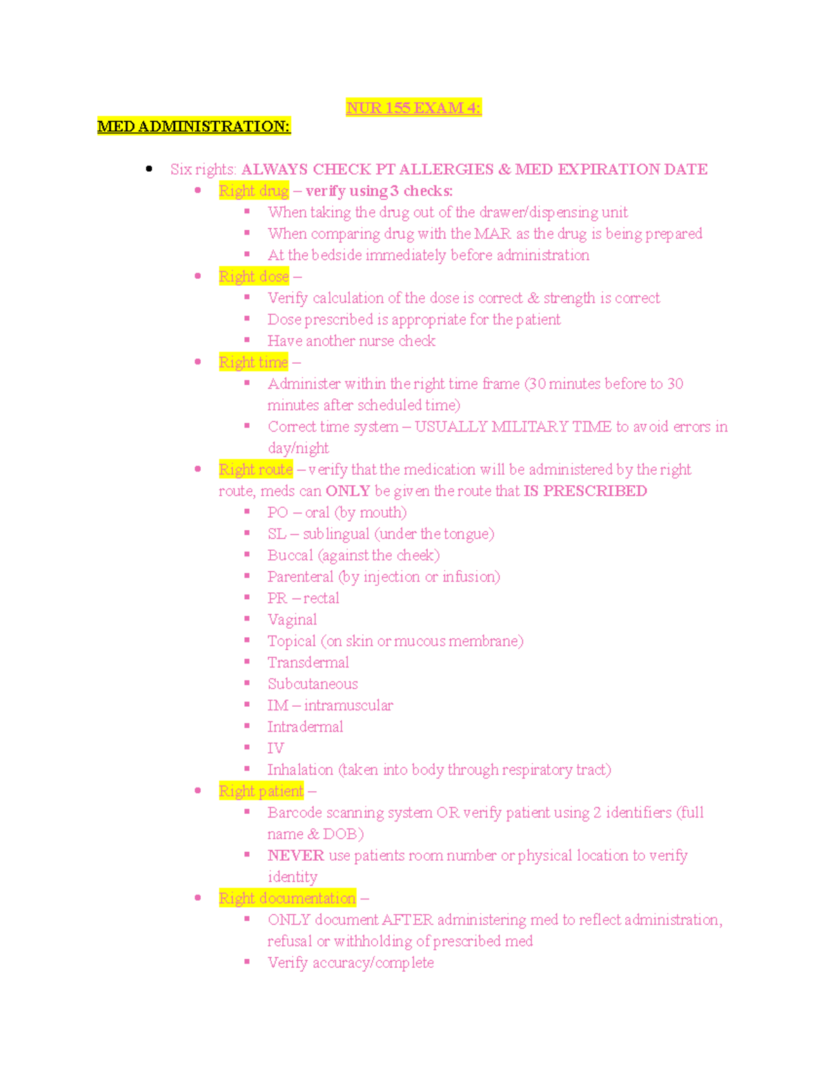 NUR 155 Exam 4 - Comprehensive Study Guide on Medication Administration ...