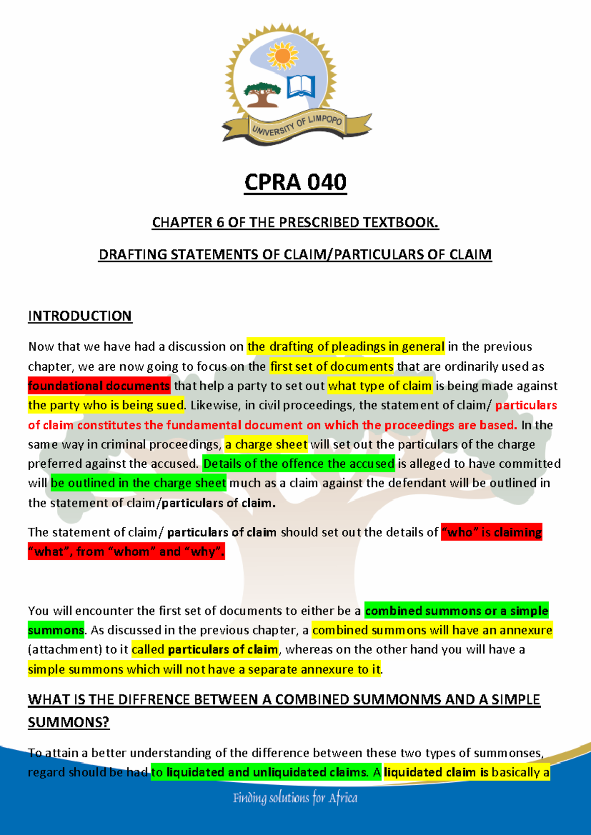 Lecture Notes CPRA 040: Chapter 06 - Drafting Statements of Claim - Studocu