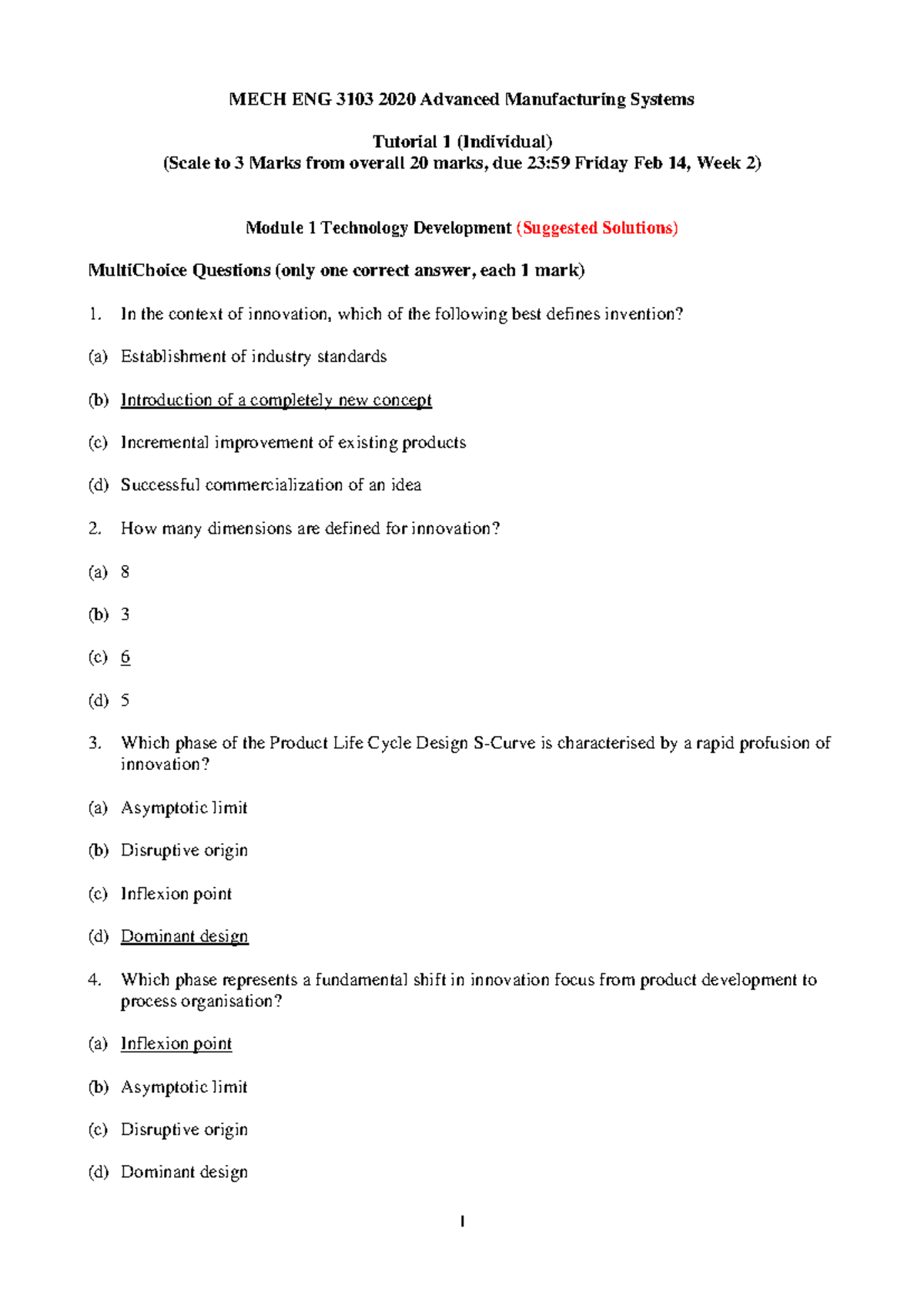 MECH ENG 3103 2020 Advanced Manufacturing Systems Tutorial 1 Q&A ...