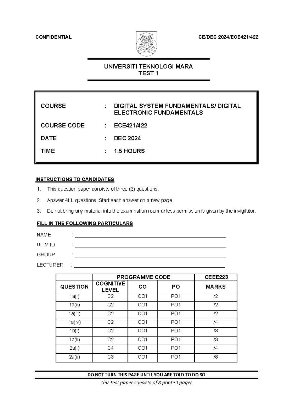 UiTM Digital System Test 1 - Dec 2024 (Course Code: Digital Electronic ...
