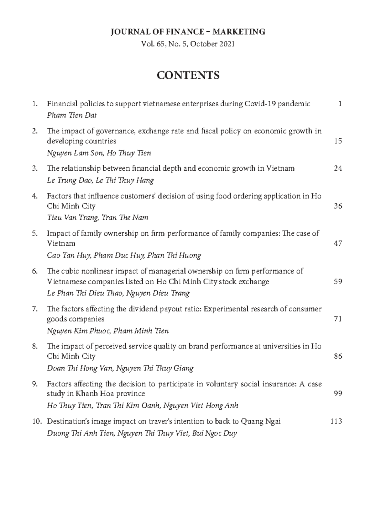 JOURNAL OF FINANCE MARKETING Vol. 65, No. 5 - October 2021: Key ...