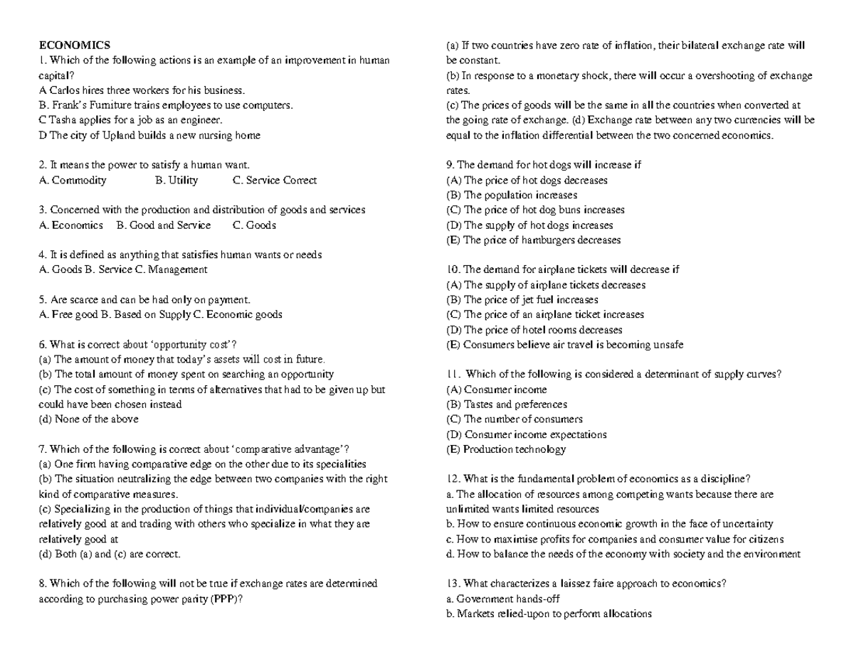 ECON 101 - Economics & Derivatives Practice Questions - Studocu