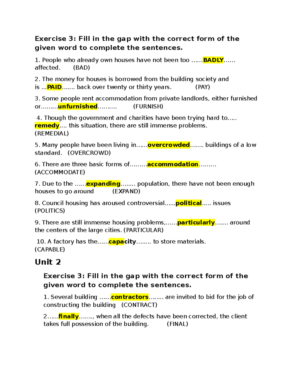 Exercise 3: Word Form Transformation Answers - Phần III - Studocu