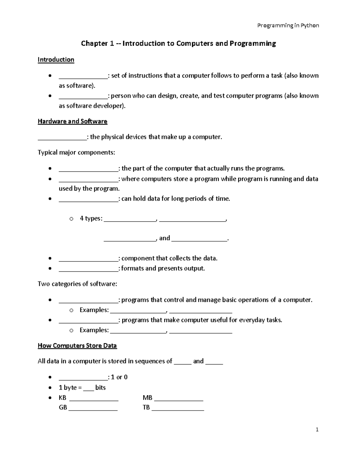 Chapter 1 Notes - Programming in Python 1 Chapter 1 - Introduction to ...