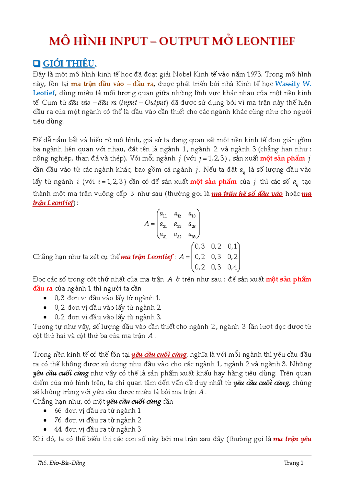 Mô Hình Input-Output mở Leontief - MMÔÔ HHÌÌNNHH - Studocu