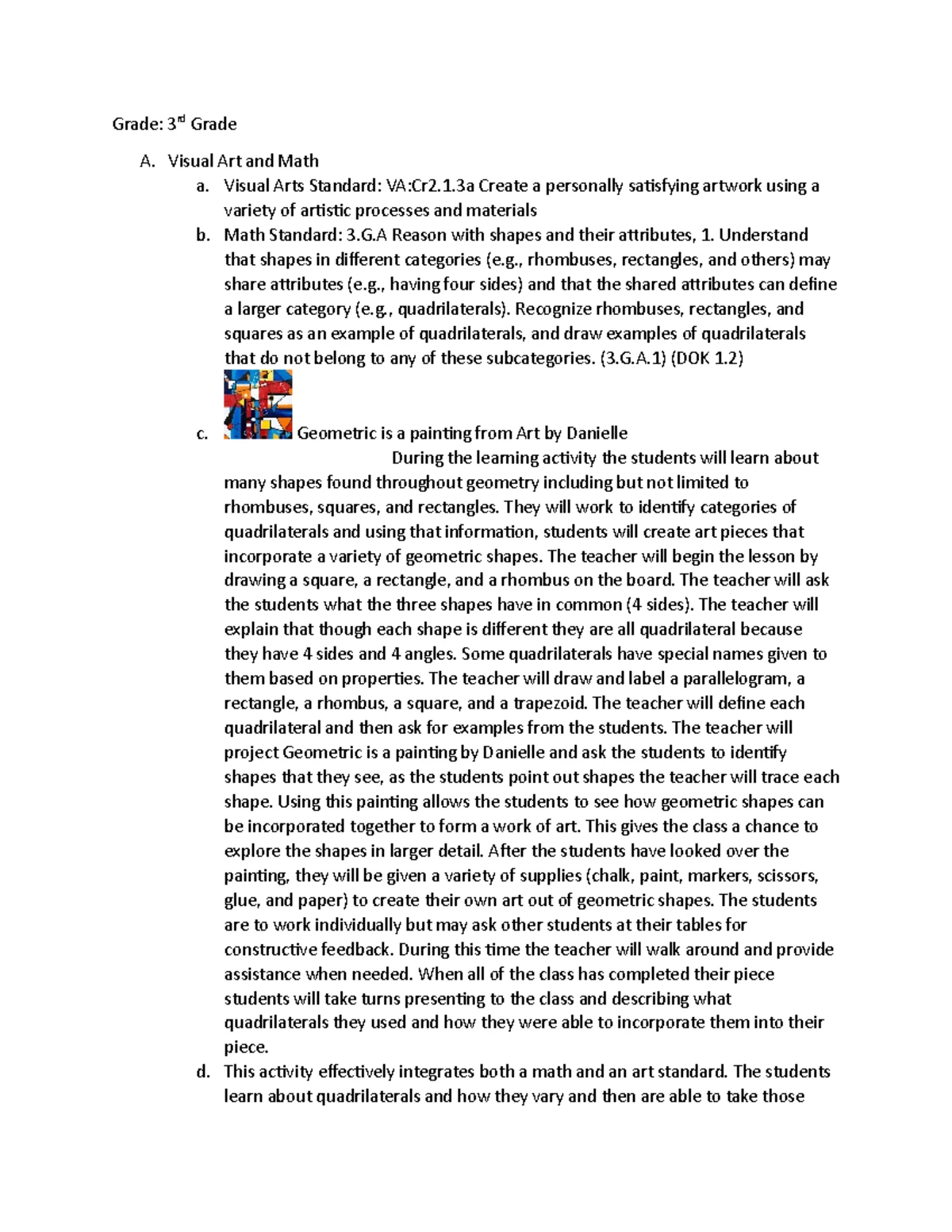 C105 Task 1 Elementary Visual and Performing Arts Methods - Grade Level ...