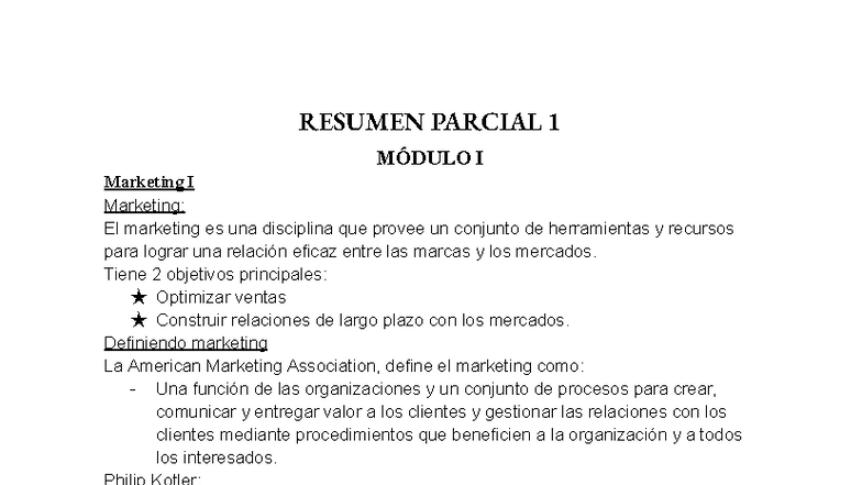 Resumen Parcial 1 Módulo I Marketing I: Estrategias y Conceptos Clave ...